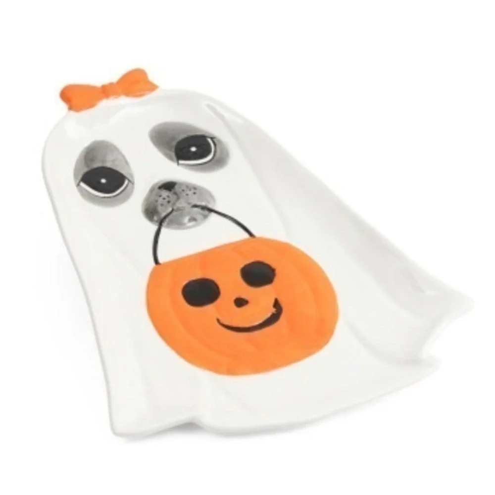 Cute Dog Ghost Platter White Ceramic Halloween 16in‎ New